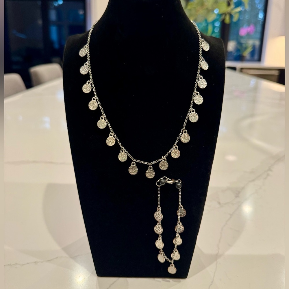 Silver Coin Charm Necklace and Bracelet Set - Women's Jewelry